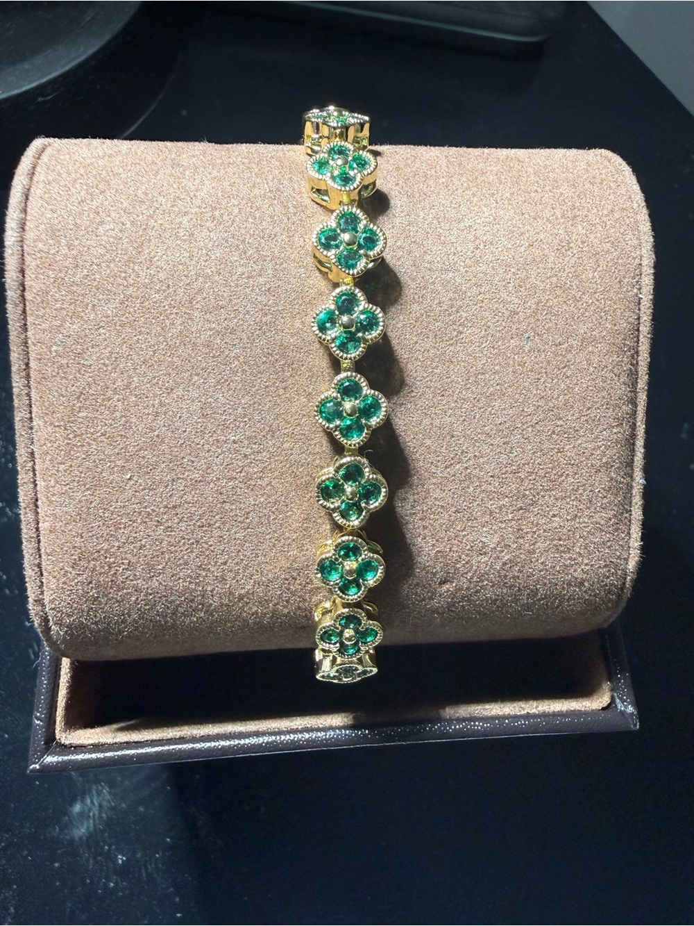 New 14k Gold Plated Bracelet with Green Gemstones Clover Links